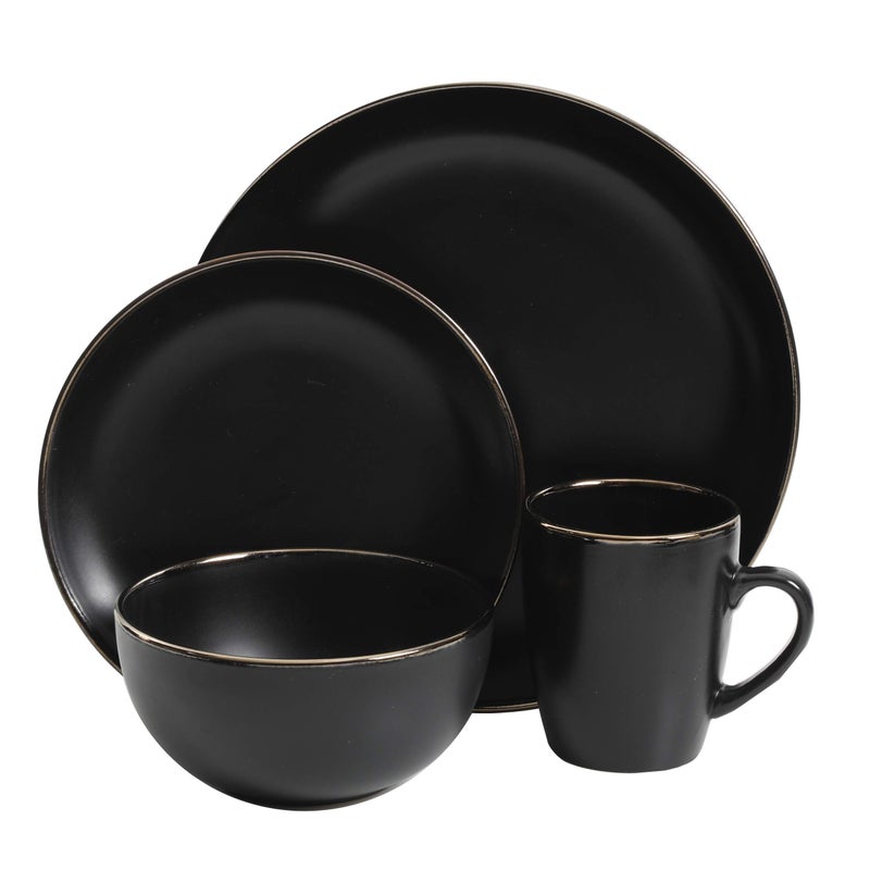 Gibson Home Rockaway Round Stoneware Dinnerware Set, Service for 4 (16pcs), Black/Gold Rim - Image 2